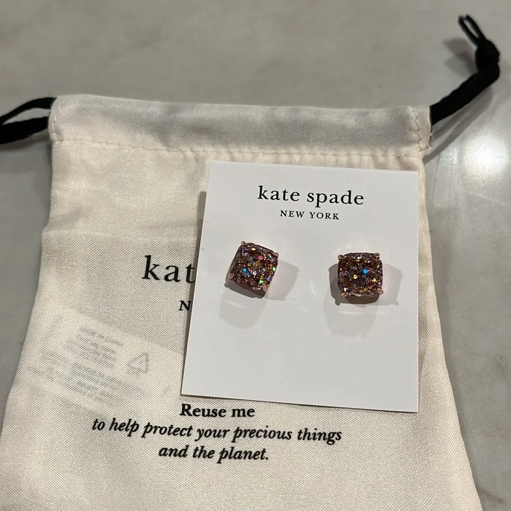 kate spade Rose Gold Glitter Crystal Square Stud Earrings / NWT - Picture 3 of 7